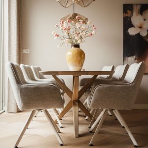 Eiken Eettafel Rond + 3 Ronde Eiken Poten, Lok Living